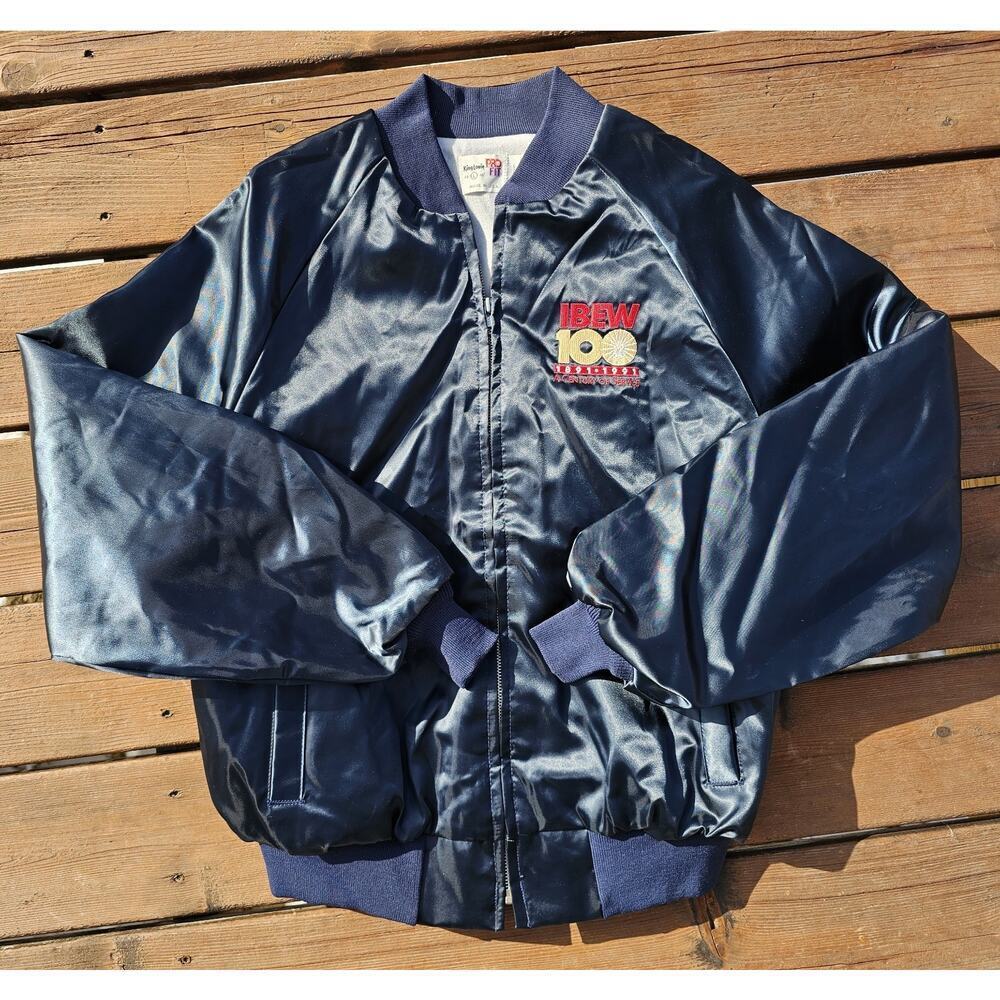 Vintage King Louie Jacket PRO FIT IBEW Satin Zip Navy Blue USA Large 100 Years